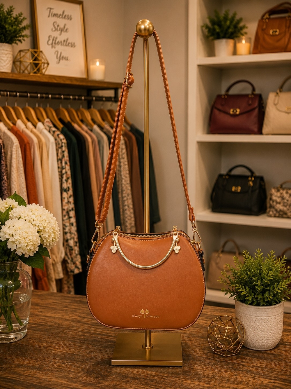 Always Love You Cognac Faux Leather Crossbody Satchel | 9" x 7" x 3.5" - Picture 1 of 7